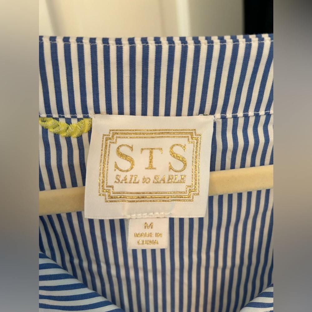 Sail to Sable blue and white stripe dress with dropped waist and yellow trim; M - Picture 2 of 3